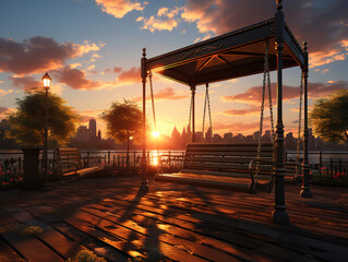 Tranquil Public Park Playground at Sunset, Highlighting Swings and Play Areas