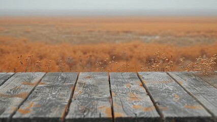 A rustic wooden table set against a scenic field backdrop, perfect for outdoor events or rustic themed photoshoots