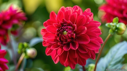 A close up of a vibrant red dahlia flower in full bloom with a soft green bokeh background in a garden