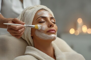 Woman with cosmetic face mask relaxing as part of skincare and beauty treatment routine. Clay mask. Dermatology. Healthy skin. Spa treatment. Anti aging. Rejuvenation.
