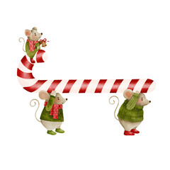 Watercolor illustration of three cute mice with a big candy cane on white background, perfect for stickers, cards, kids designs and Christmas decor.
