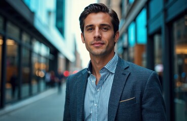 Fototapeta premium Confident businessman standing outdoors in an urban setting with modern buildings