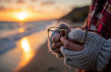 Woman holding glasses with a sunset on the beach creating a warm, relaxing atmosphere