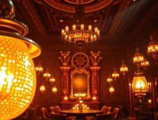 Fototapeta premium Elegant chandeliers illuminate a cozy dining room, creating a warm and inviting atmosphere for an evening gathering