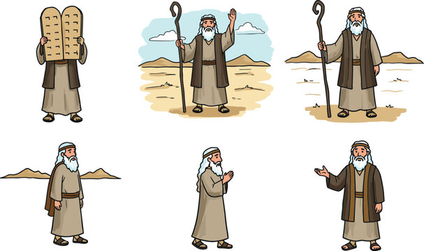 Cartoon depiction of moses in various poses on transparent background