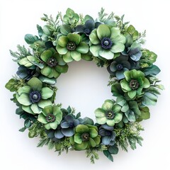 Bright green flowers wreath crafted from flowers, surrounded by delicate greenery, perfect for home decor, seasonal celebrations, or festive occasions, enhancing any interior space with vibrant charm