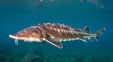 Striped sturgeon underwater close up view.