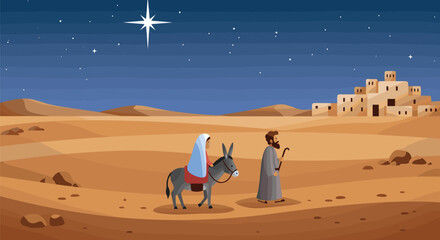 Mary and joseph journeying to bethlehem under the star on transparent background