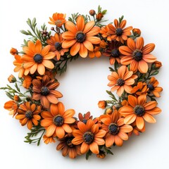 Bright orange flowers wreath crafted from flowers, surrounded by delicate greenery, perfect for home decor, seasonal celebrations, or festive occasions, enhancing any interior space with vibrant charm
