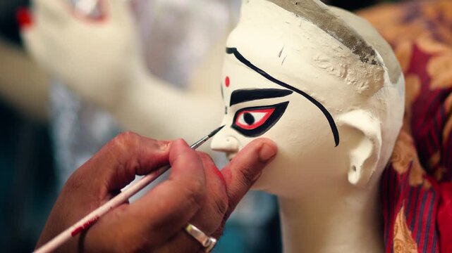Maa Durga Chokkhu Daan, Making of goddess Durga Idol. These idols are made for Durga Puja at Kumartuli, the biggest festival of Kolkata, West Bengal