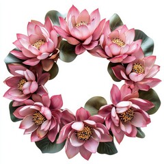 Bright pink flowers wreath crafted from flowers, surrounded by delicate greenery, perfect for home decor, seasonal celebrations, or festive occasions, enhancing any interior space with vibrant charm