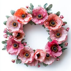 Bright pink flowers wreath crafted from flowers, surrounded by delicate greenery, perfect for home decor, seasonal celebrations, or festive occasions, enhancing any interior space with vibrant charm