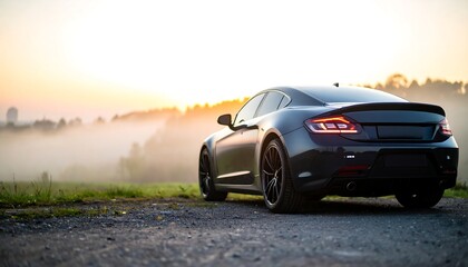 Fototapeta premium Luxury Sports Car on a Misty Road at Sunrise.