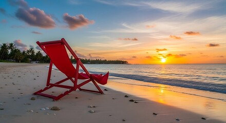Red beach chair on a tropical beach at sunset, tranquil scene.