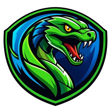 Aggressive green snake head on shield