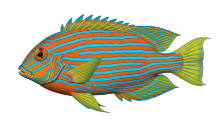 Isolated Mandarinfish illustration, colorful marine aquarium fish with striking blue and orange stripes