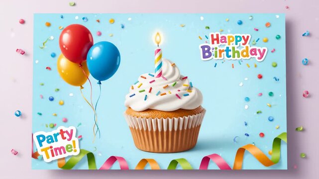 Festive Birthday Cupcake and Balloons - A colorful birthday card design featuring a delicious cupcake with a lit candle, surrounded by vibrant balloons and confetti.
