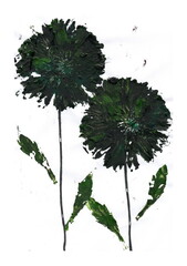 Two flowers with large, dark green buds, created using either a stamp or thick painting technique. The flowers are located on long, thin stems, to which several elongated green leaves are attached.