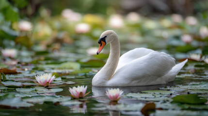 Fototapeta premium Elegant swan gracefully swimming in tranquil pond surrounded by vibrant water lilies and lush green foliage under soft natural light.