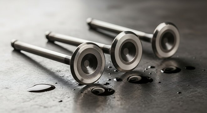 Three metallic engine valves on dark surface.