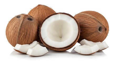 Three whole coconuts and coconut pieces.