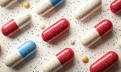 Rows of red and blue pills on white background