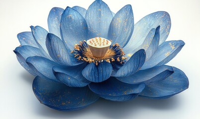 A vibrant blue lotus flower, detailed and delicate, sits gracefully against a bright white backdrop