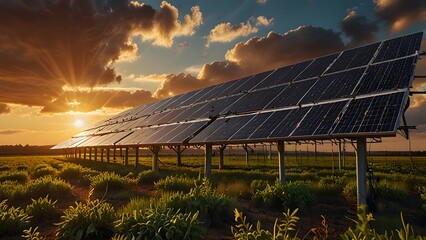 An expanse of solar panels on a field under a blue sky generates clean, renewable energy