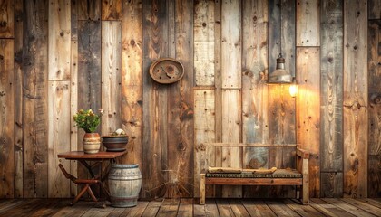 Rustic Wooden Wall and Floor with Bench Table Flower Pot and Decorative Elements in Warm Lighting