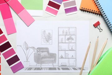 Sketch of room interior and stationery on white table, flat lay