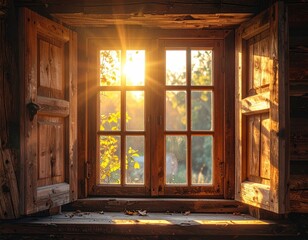 Rustic Wooden Window with Golden Sunlight Streaming Through in a Countryside Scene with Visible Wood Grain and Open Shutters