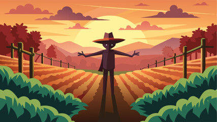 A lone scarecrow stands guard over the rows of vines adding a touch of whimsy to the already enchanting rural vineyard at sunset.