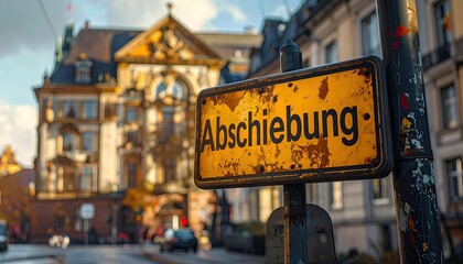 Rusty Yellow Abschiebung Sign With European Medieval Building in Background Under Dramatic Sky