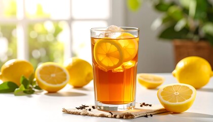 Fototapeta premium Refreshing Glass of Iced Tea with Fresh Lemon Slices.
