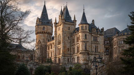Stunning castle architecture with medieval towers and intricate stonework surrounded by lush greenery under a dramatic sky at dusk highlighting historical beauty.