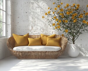 Cozy wicker couch in a bright sunlit room with a large potted flower