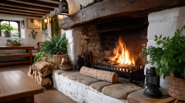 A cozy living space with a roaring fireplace, wooden beams, and comfy seating ideal for unwinding and enjoying warmth