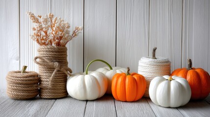 A beautiful arrangement of orange and white pumpkins in different sizes and textures is set against a rustic wooden backdrop