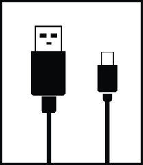 Black cable for charging and synchronization with Type - C and USB connectors on a white isolated background close-up