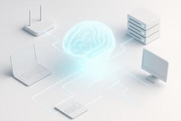 Digital Intelligence: A futuristic vision of interconnected technology, featuring a glowing digital brain at the center, connected to devices, representing the core of modern technological innovation.