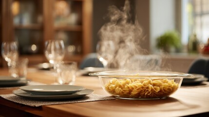 Steaming Pasta in Glass Bowl on Wooden Table Setting