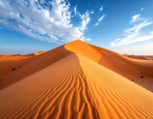 Sand Dune Landscape Under Bright Blue Sky With White Clouds in Desert