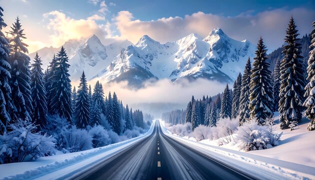 Scenic winter road leading to snow-capped mountains and pine forest.
