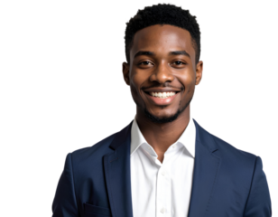 A Young Man Smiling, Dressed Smartly Against on Transparent Background.