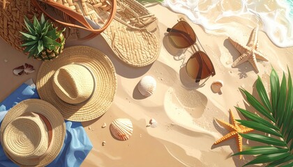 Sandy Beach Scene with Straw Hats Seashells Starfish and Turquoise Towel Under Bright Sunlight for Vacation Ambiance Still Life