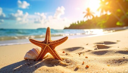 Sandy Beach with Starfish and Shell under Sunny Sky in Tropical Island Paradise