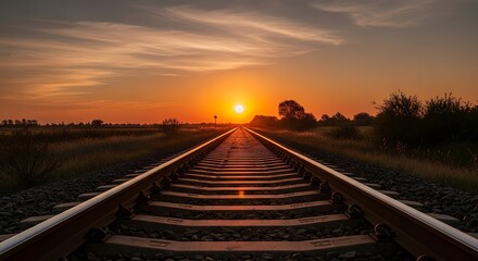 Fototapeta premium Railway Tracks Leading Towards a Fiery Sunset Over a Rural Landscape.
