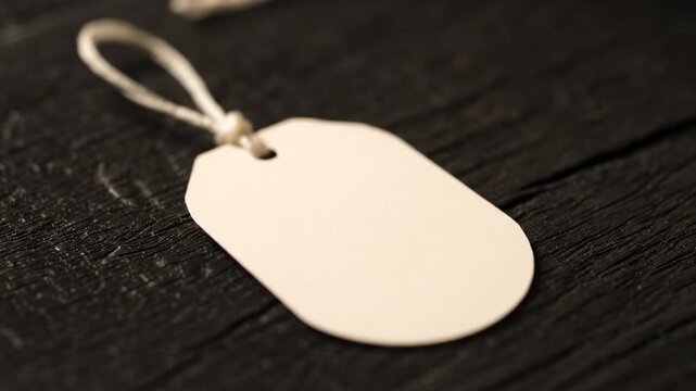 Blank Oval Paper Tag with String on Dark Wood - A close-up shot of a blank, oval-shaped paper tag with a string attached, resting on a dark-colored wooden surface.