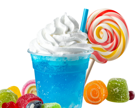 Angled View of Blue Slushy with Sweet Garnishes PNG