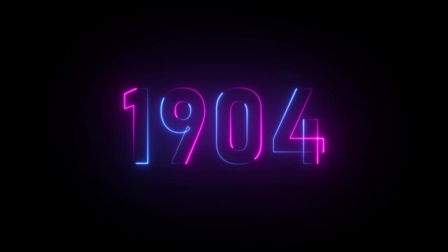 Neon sign displaying the year 1904 in pink and blue glowing lights against a black background number